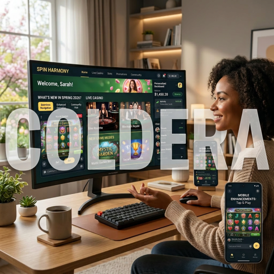 Woman using online casino platform on desktop and mobile devices